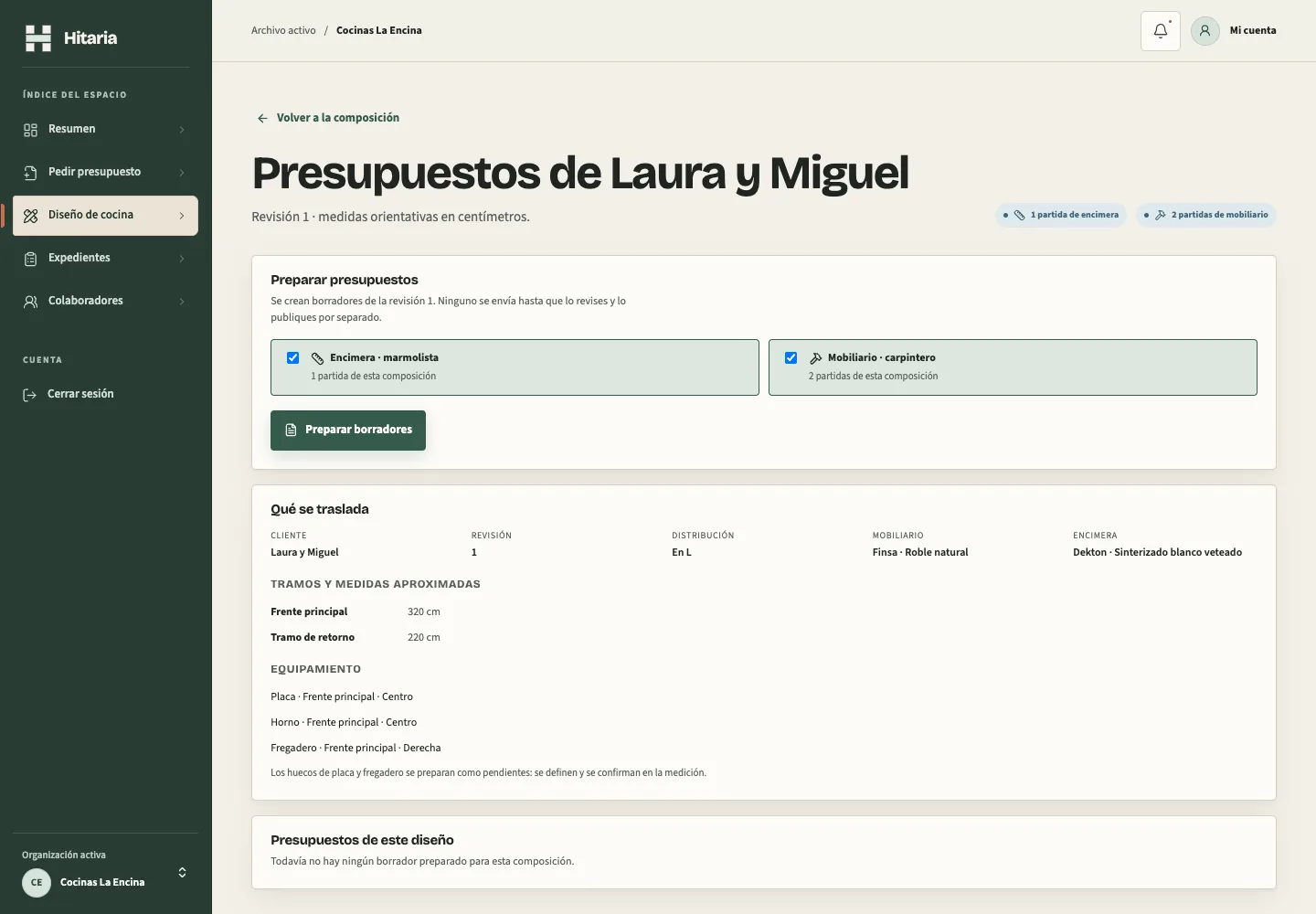 Captura de la preparación de presupuestos por oficio de Hitaria con datos de demostración