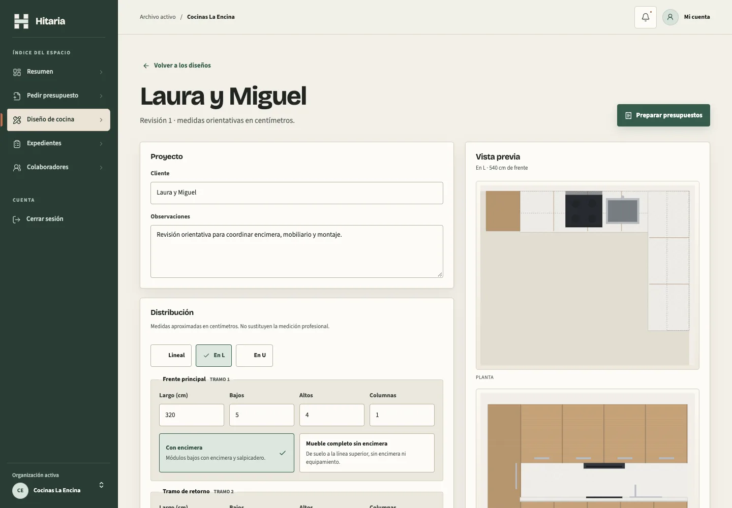 Captura del compositor de diseño de cocina de Hitaria con datos de demostración